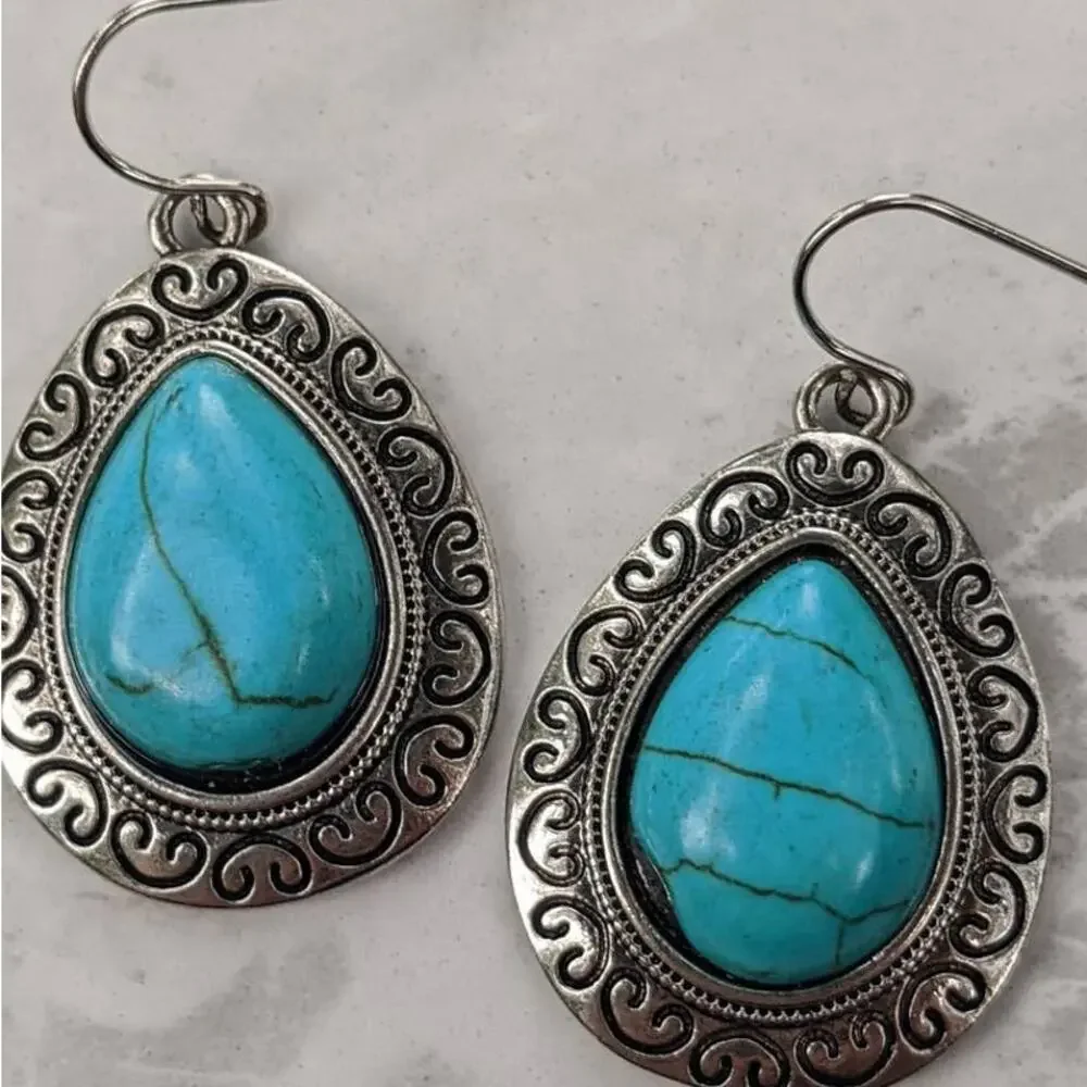 Silver tone and faux turquoise fish hook earrings